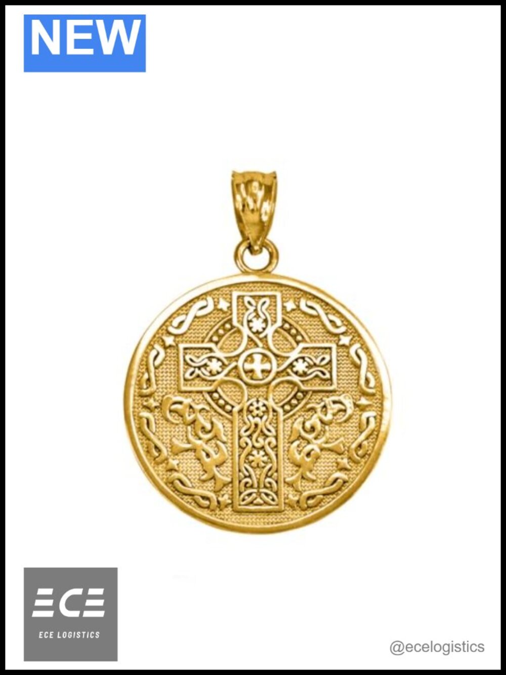 Celtic Cross Irish Blessing Coin Medallion Pendant Necklace 14K Gold